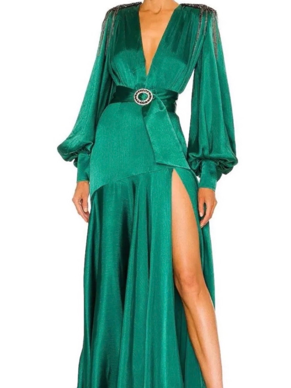 Bronx and Banco Emerald Green Plunge Long Sleeve Gown with Satin Sash